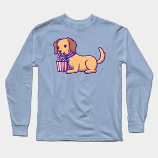 Cute Dog Eating Popcorn Cartoon Long Sleeve T-Shirt